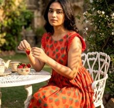 Handcrafted Strawberry Print Cotton Fit and Flare Dress